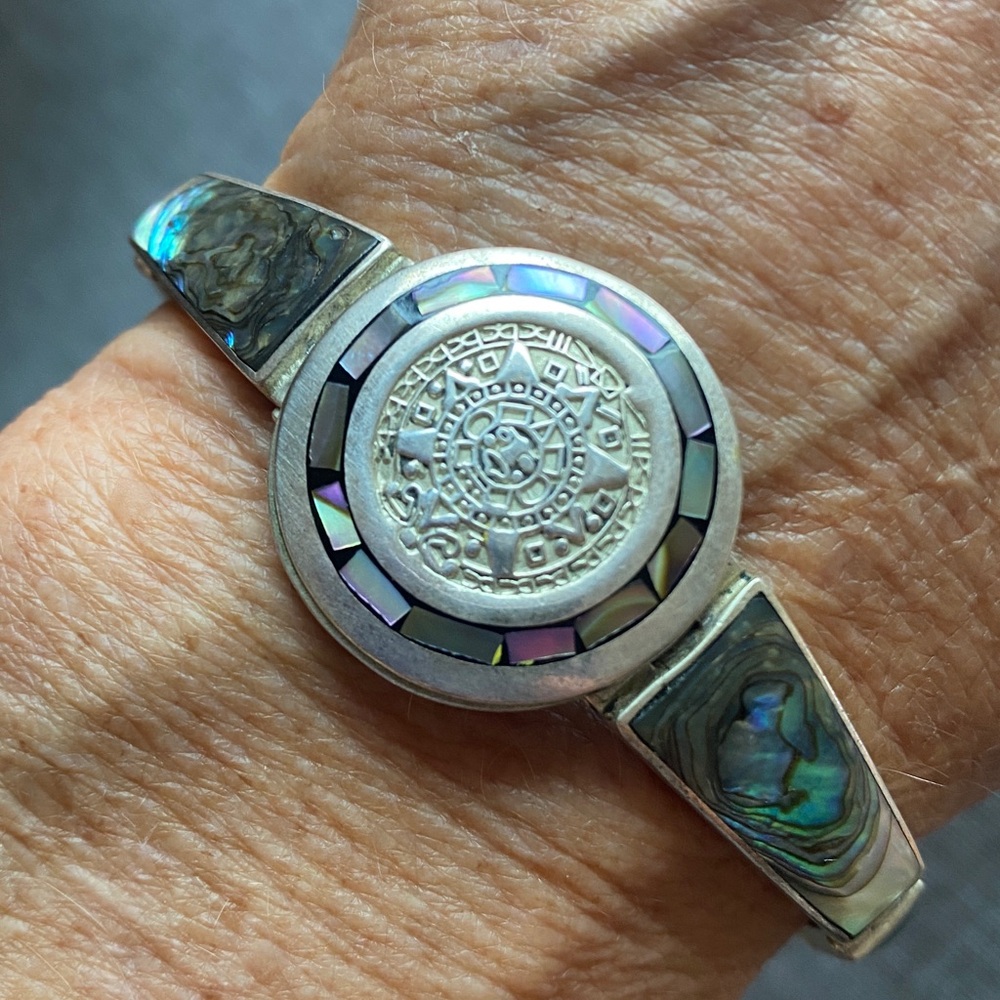 Vintage Sterling Silver Abalone Inlay Aztec Calendar Bracelet 7.75” 24.9g